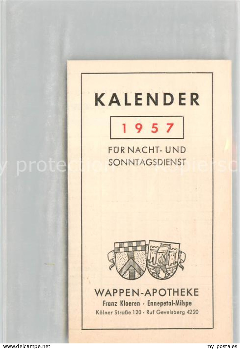 73695998 Milspe Kalender 1957 Wappen-Apotheke Klapp-Prospekt Milspe - Ennepetal