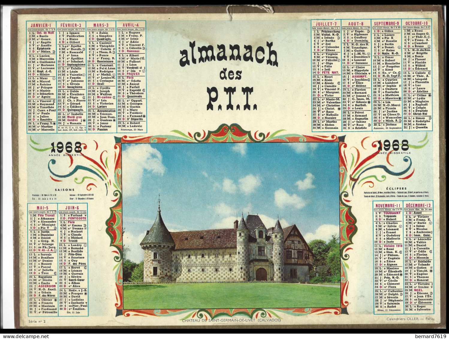 Almanach  Calendrier  P.T.T  -  La Poste -  1968 - Chateau De Saint Germain De Livet 14 - Grossformat : 1961-70