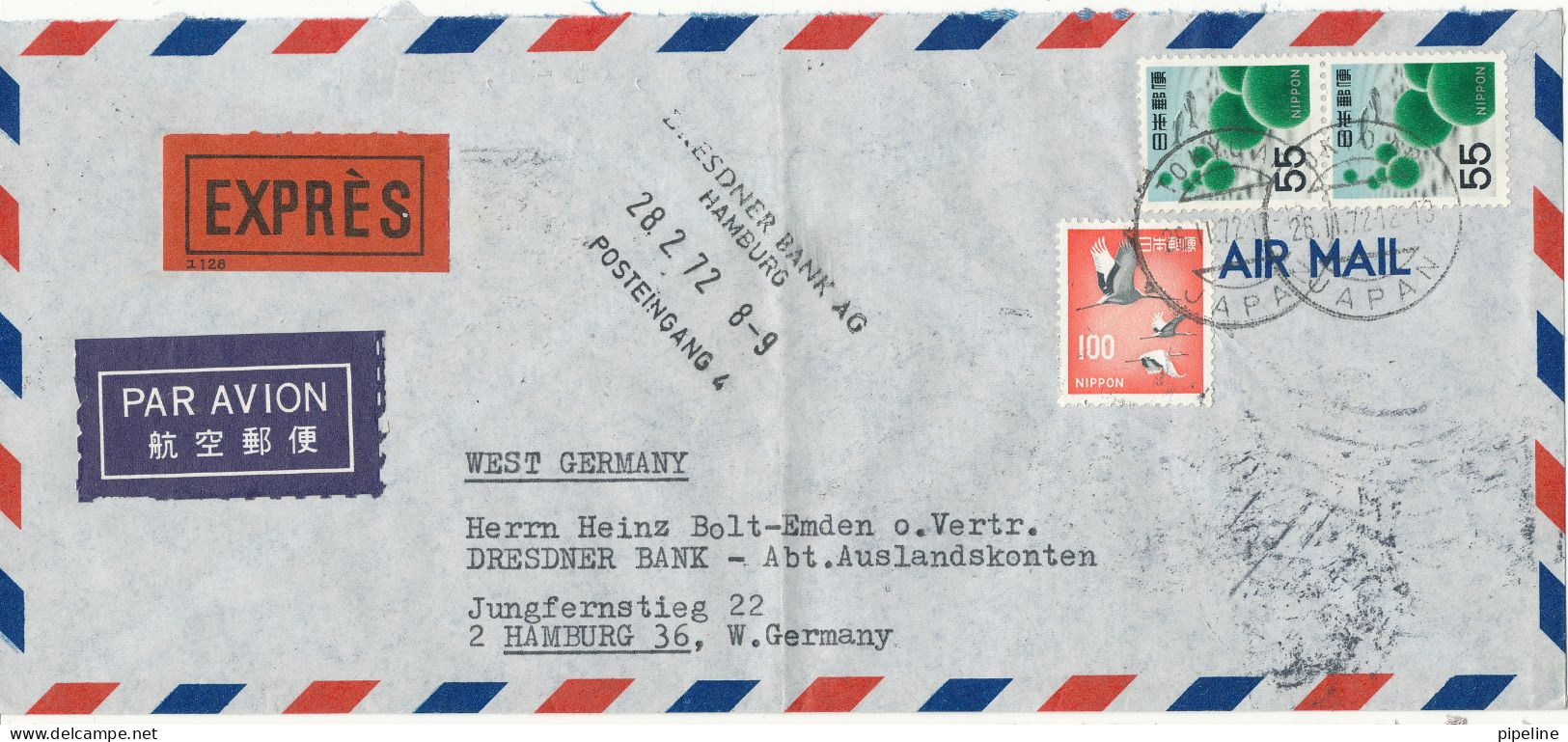 Japan Air Mail Cover Sent Express To Germany 26-2-1972 With More Topic Stamps Bended Cover - Luftpost