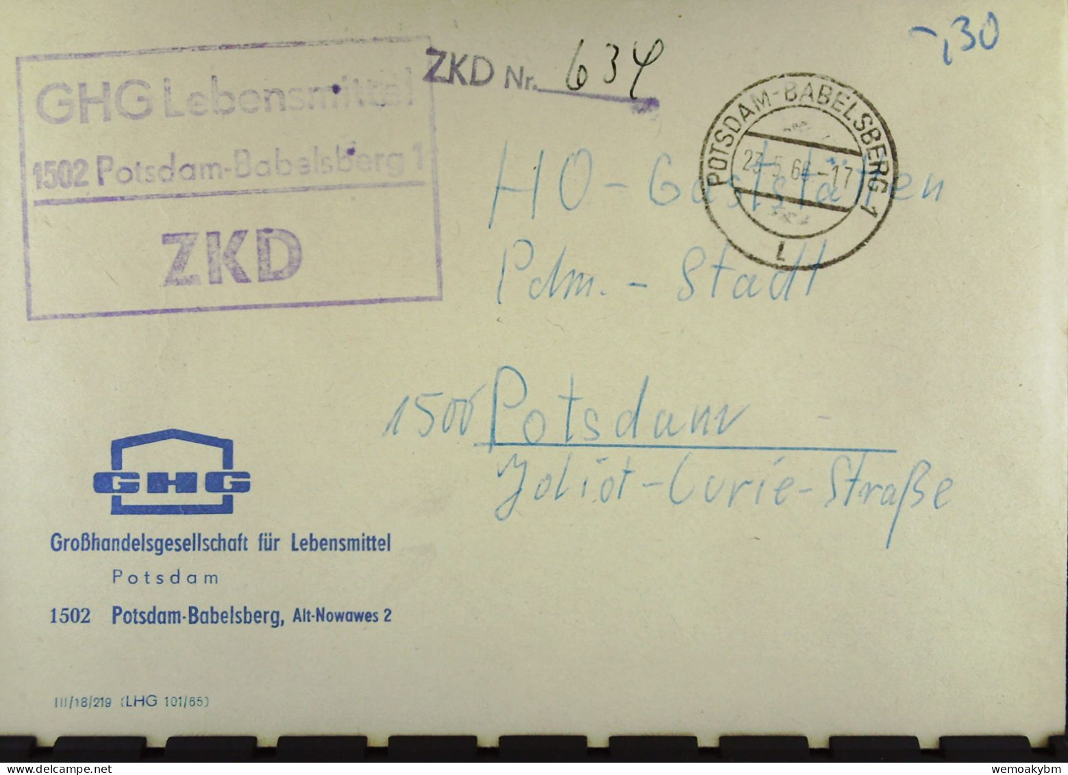 DDR-ZKD-BRIEF Mit Kastenst. "GHG Lebensmittel 1502 Potsdam-Babelsberg 1" Vom 23.5.66  ZKD-Nr.634 An  HO/G Potsdam-Stadt - Briefe U. Dokumente