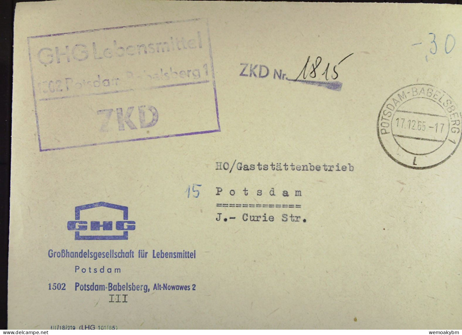 DDR-ZKD-Brief Mit Kastenst. "GHG Lebensmittel 1502 Potsdam-Babelsberg1" Vom 17.12.65  ZKD-Nr.1815 An  HO/G Potsdam-Stadt - Briefe U. Dokumente