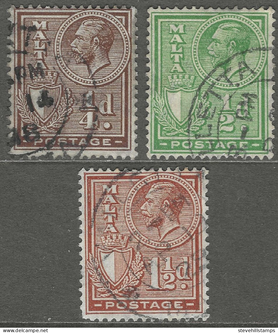 Malta. 1926-7 KGV Postage. 3 Used Values (¼d, ½d, 1½d). SG 158etc. M2154 - Malta