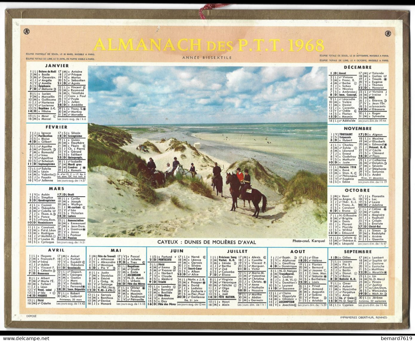 Almanach  Calendrier  P.T.T  -  La Poste -  1968 - Cayeux Sur Mer -dunes De Moliere D'aval - Big : 1961-70