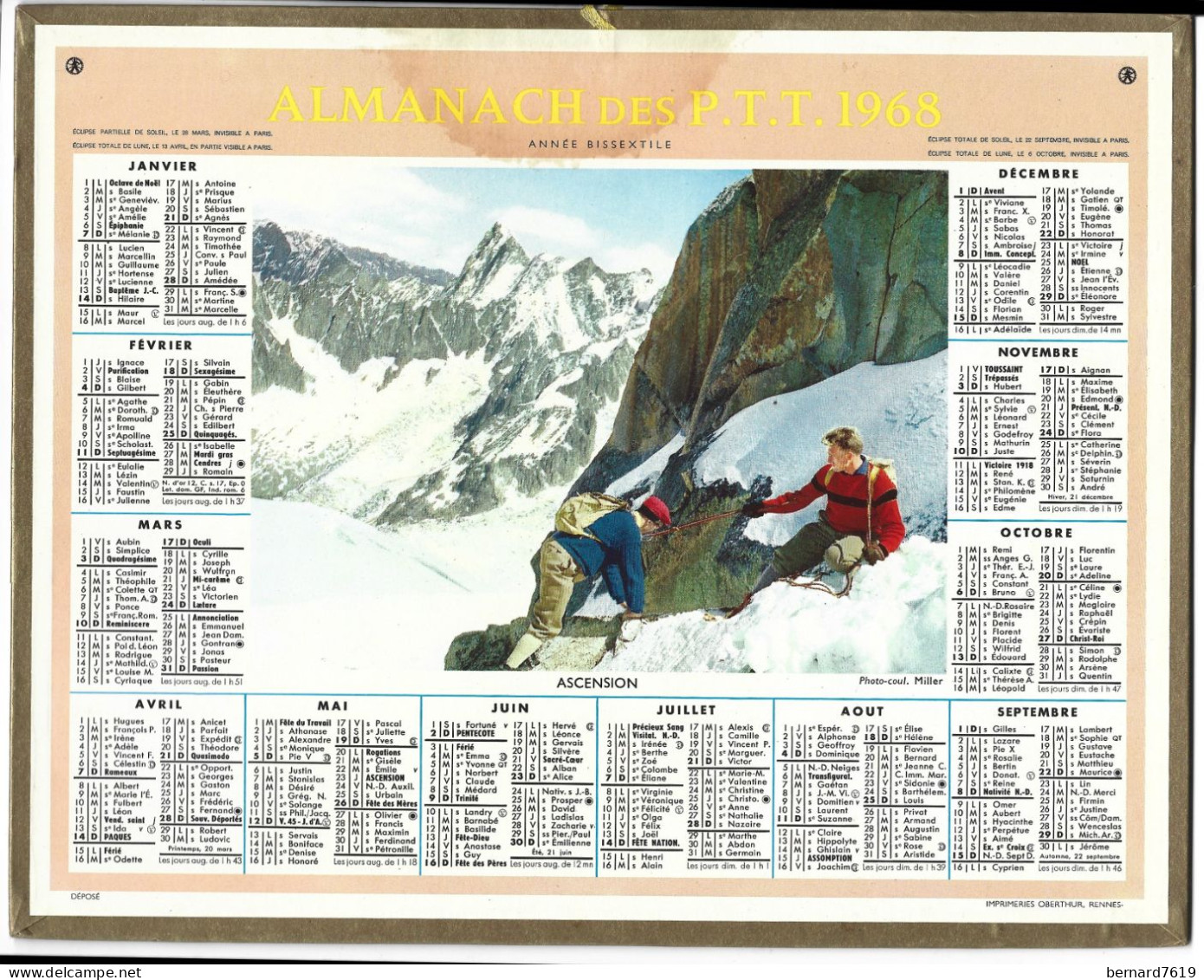 Almanach  Calendrier  P.T.T  -  La Poste -  1968 - Ascension - Groot Formaat: 1961-70