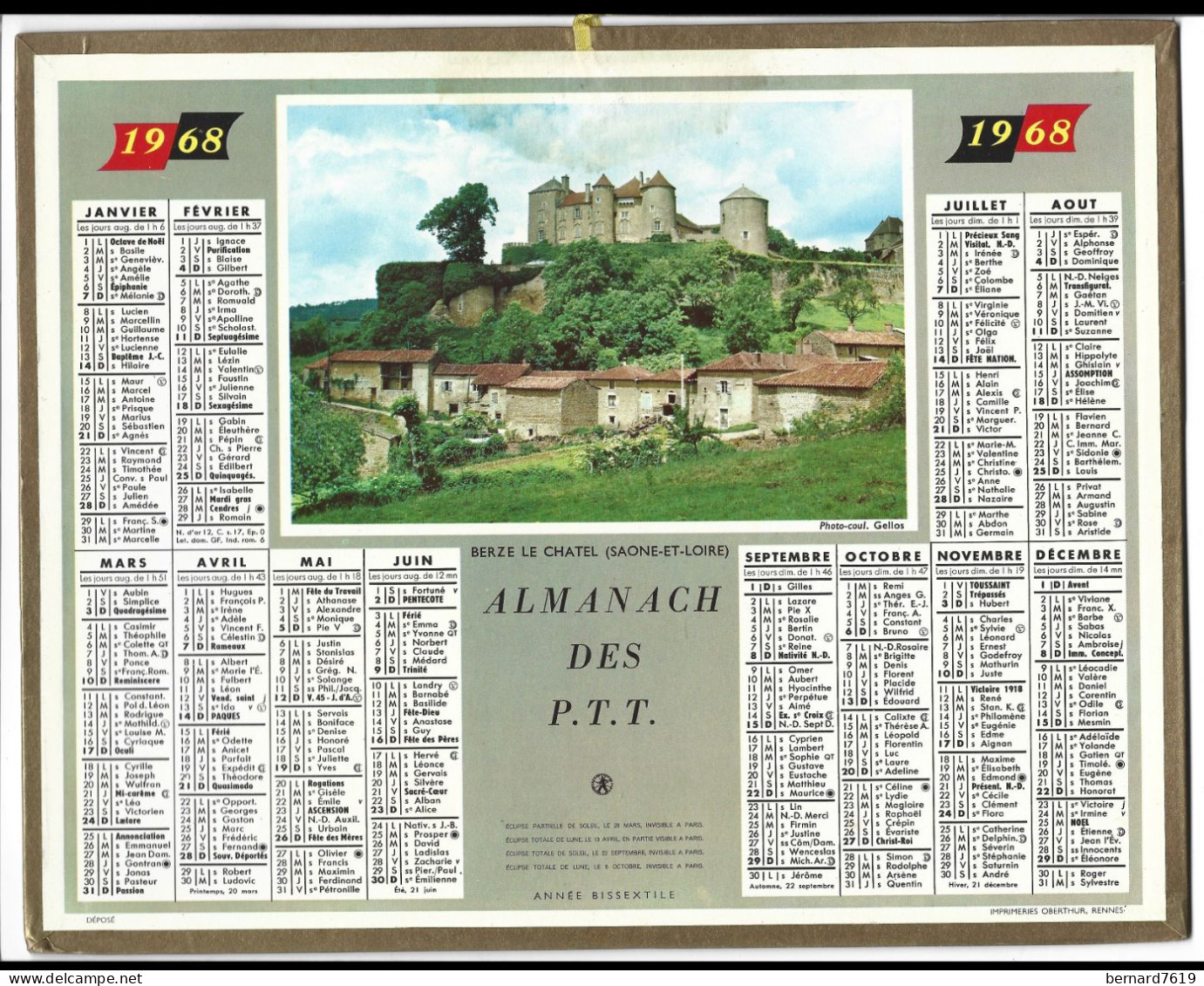 Almanach  Calendrier  P.T.T  -  La Poste -  1968 - Berze Le Chatel 71 - Formato Grande : 1961-70