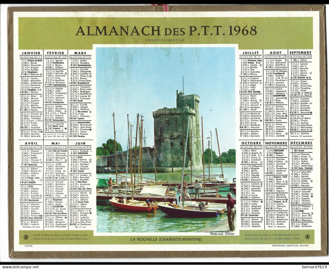 Almanach  Calendrier  P.T.T  -  La Poste -  1968 - La Rochelle - Big : 1961-70