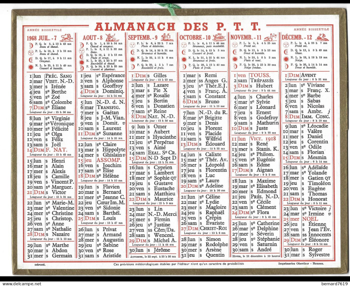 Almanach  Calendrier  P.T.T  -  La Poste -  1968 - - Big : 1961-70