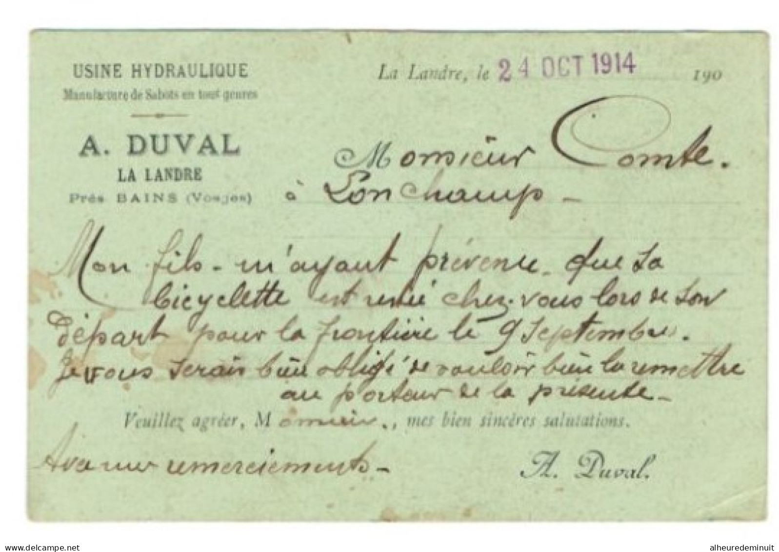 Carte Postale Publicitaire République Française"usine Hydraulique"Manufacture De Sabots"DUVAL-LA LANDRE-Vosges"vélo"1914 - Covers & Documents