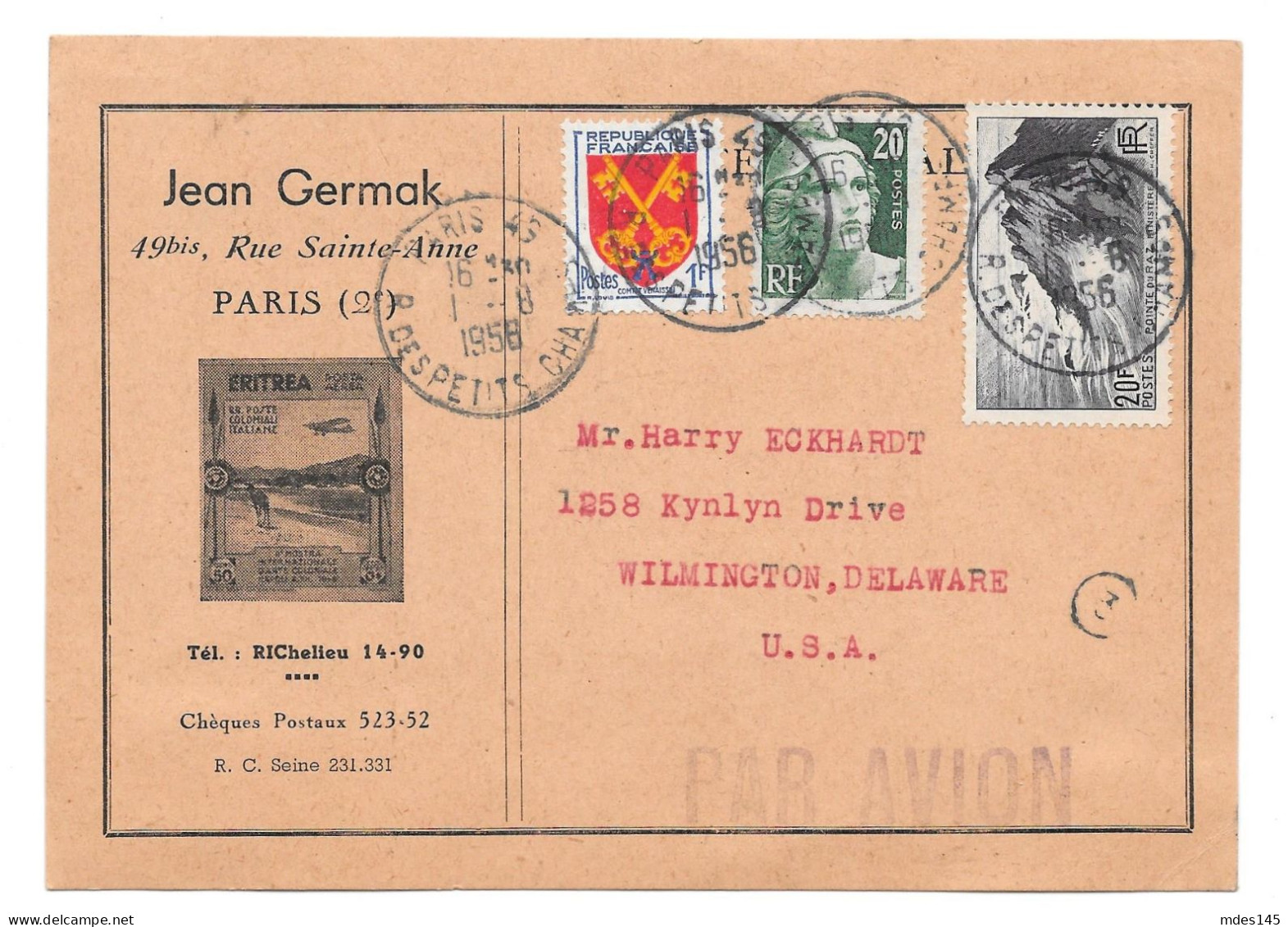 France Advertising Card 1956 Jean Germak Paris Stamp Dealer To US Sc 551 571 785 - Covers & Documents