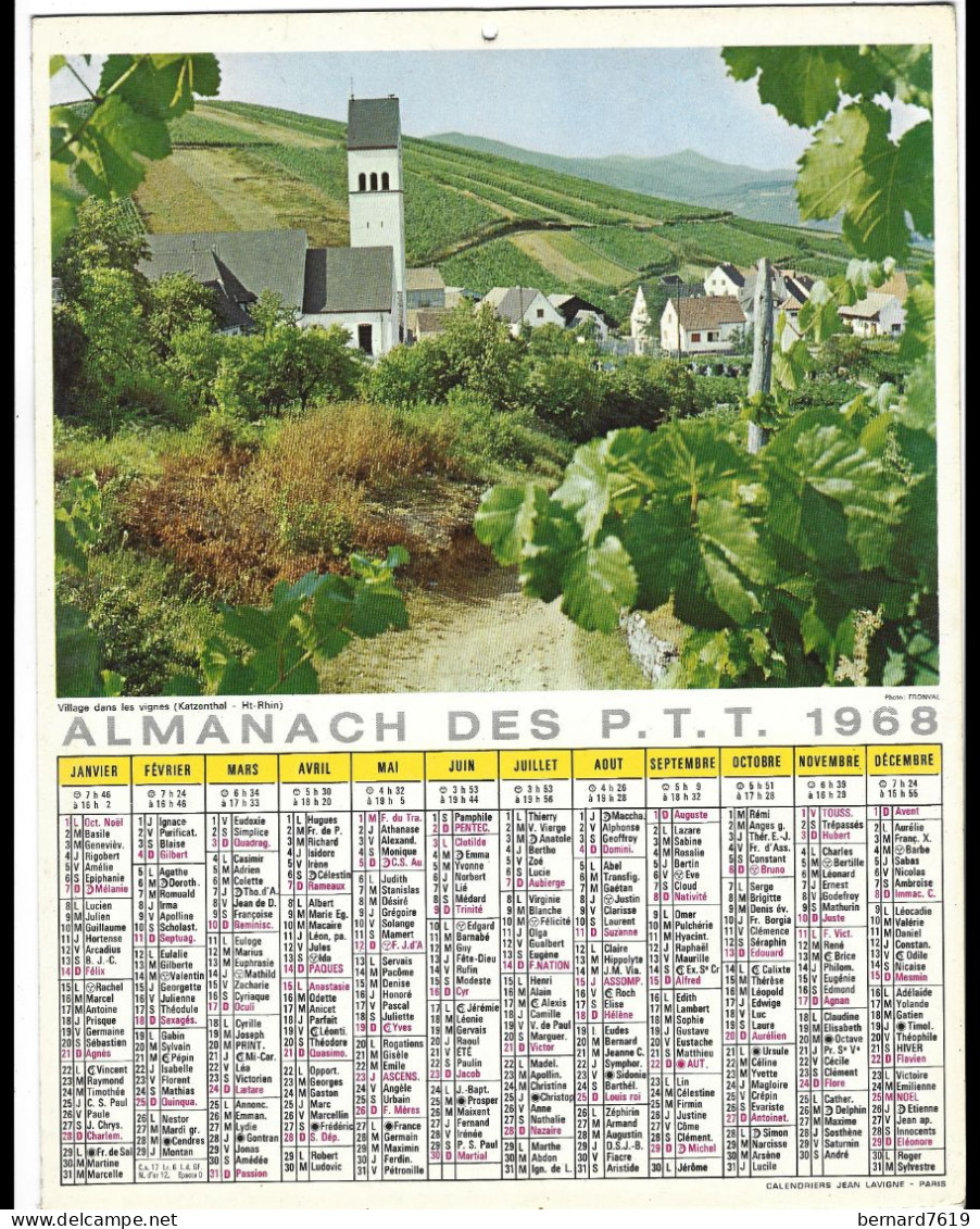 Almanach  Calendrier  P.T.T  -  La Poste -  1968 - Village Dans Les Vignes Katzenthal 68 - Grossformat : 1961-70