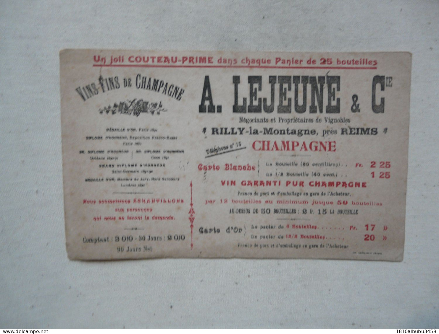 RARE - VIEUX PAPIERS - BUVARD : VINS-FINS DE CHAMPAGNE - A. LEJEUNE & Cie - Food
