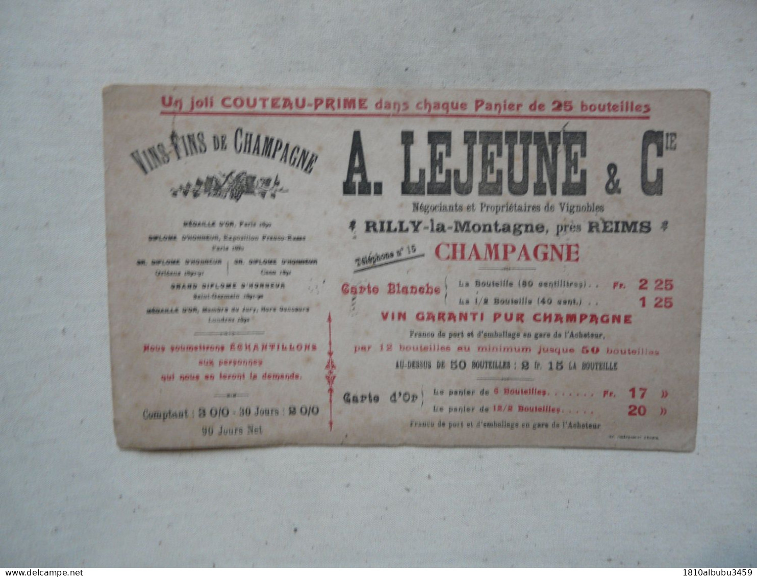 RARE - VIEUX PAPIERS - BUVARD : VINS-FINS DE CHAMPAGNE - A. LEJEUNE & Cie - Lebensmittel