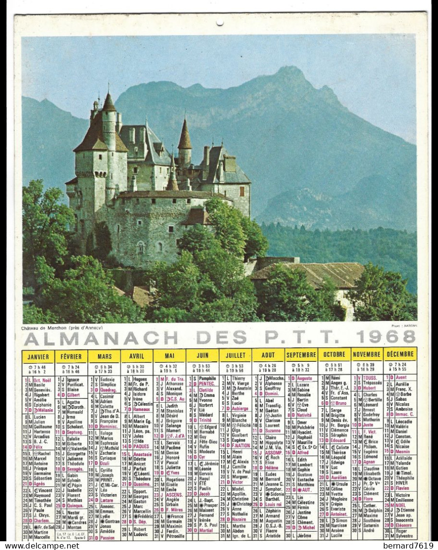 Almanach  Calendrier  P.T.T  -  La Poste -  1968 - Chateau De Menthon  Pres D'annecy - Big : 1961-70