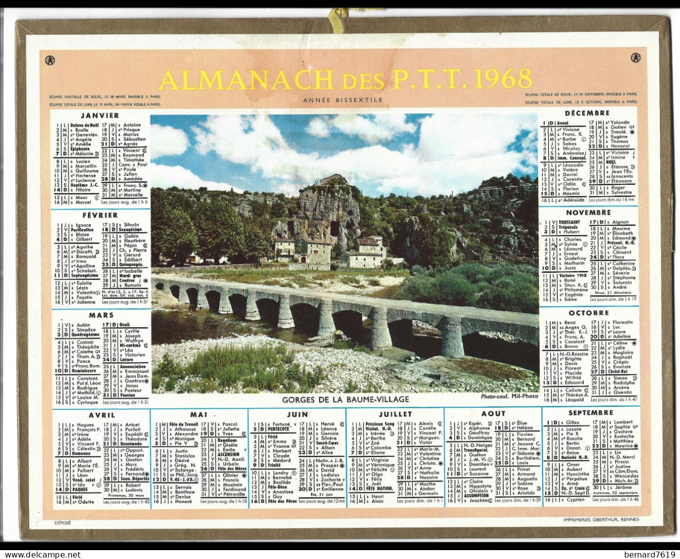 Almanach  Calendrier  P.T.T  -  La Poste -  1968 - Chateau De La Baume Village - Grand Format : 1961-70