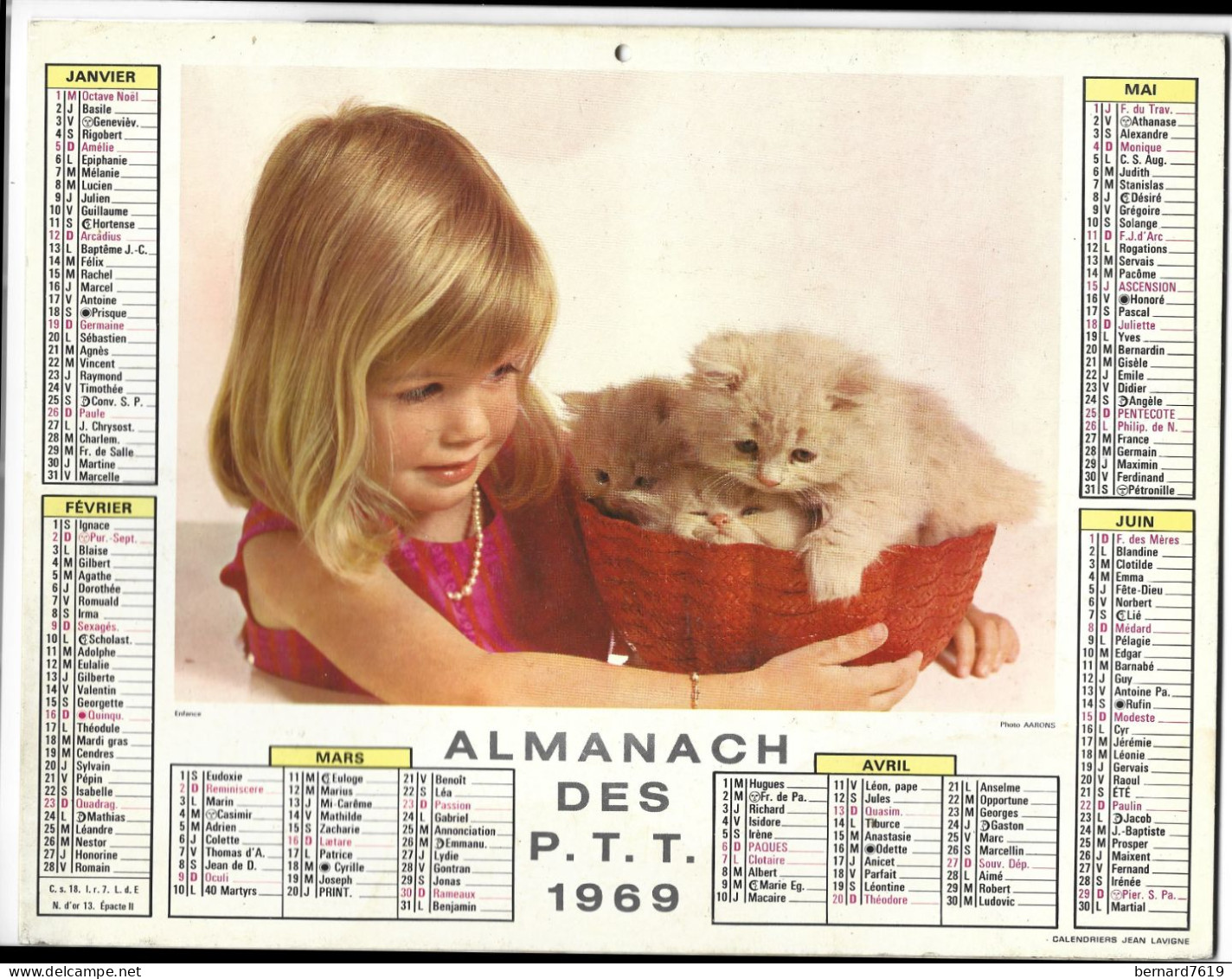 Almanach  Calendrier  P.T.T  -  La Poste -  1969 -  Enfant - Chat - Chien - Formato Grande : 1961-70