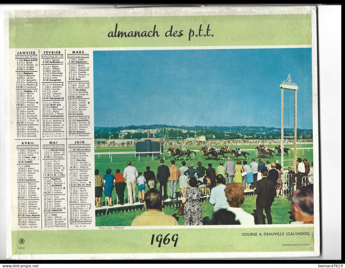 Almanach  Calendrier  P.T.T  -  La Poste -  1969 -  Course A Deauville - Vers Le Brevent - Big : 1961-70