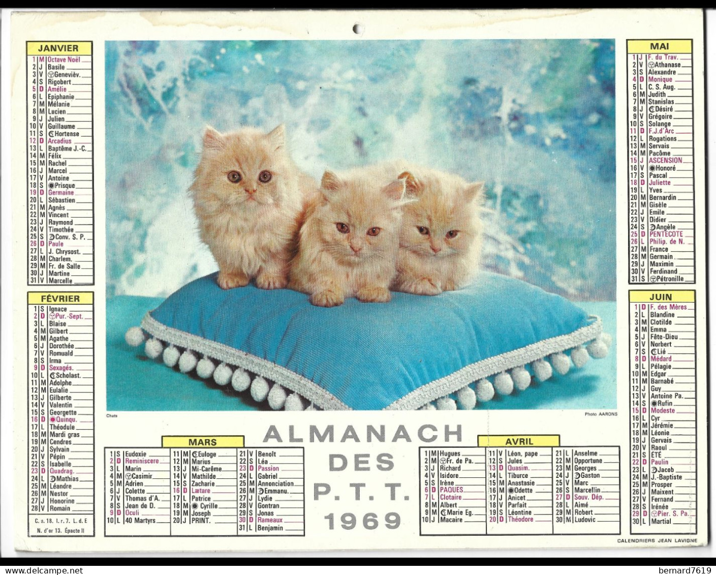 Almanach  Calendrier  P.T.T  -  La Poste -  1969 -  Chats - Chien - Formato Grande : 1961-70