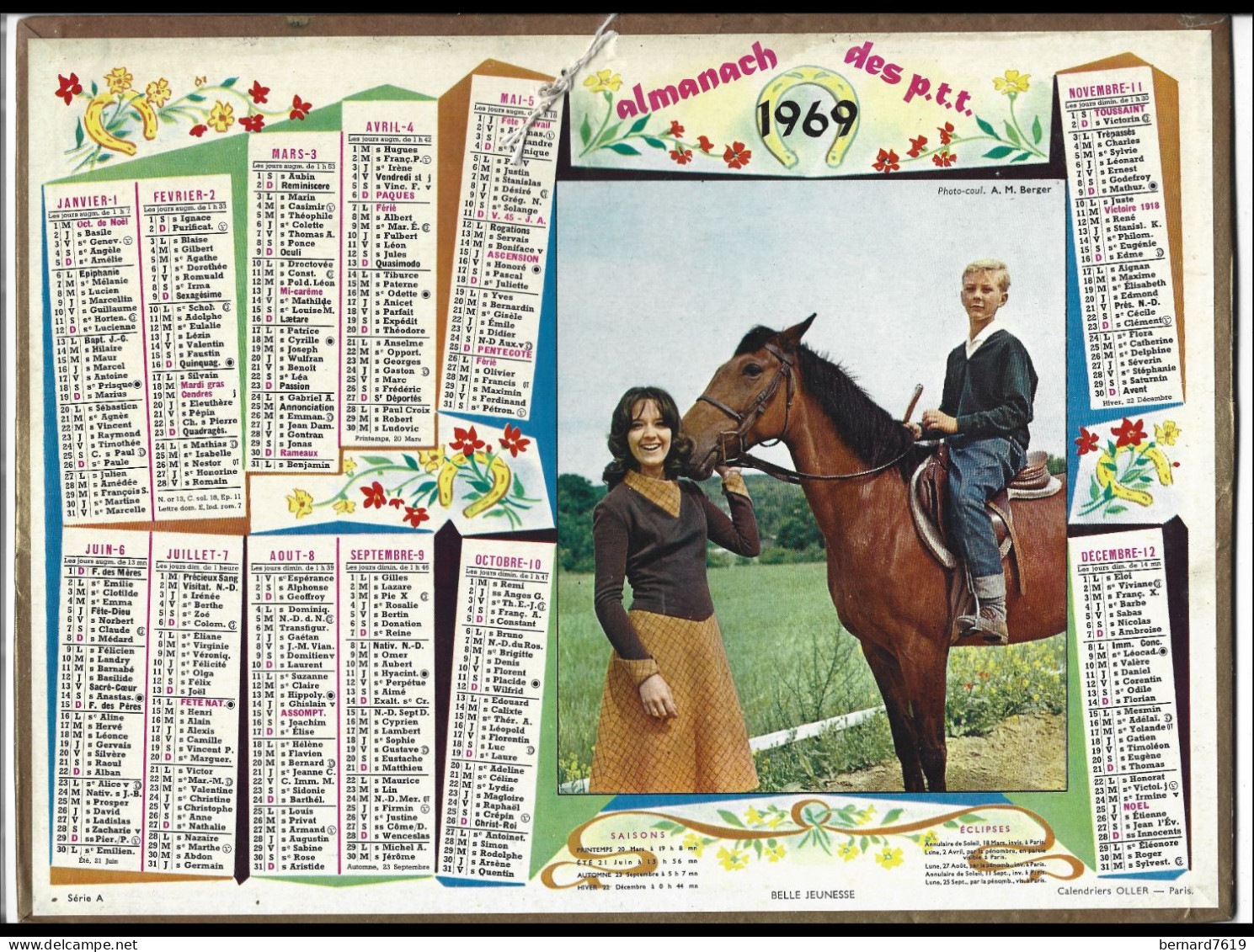 Almanach  Calendrier  P.T.T  -  La Poste -  1969 -  Belle Jeunesse - Cheval - Grossformat : 1961-70