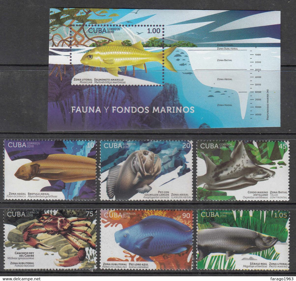 2018 Cuba Fish Poisson Marine Life  Complete Set Of 6 + Souvenir Sheet MNH - Unused Stamps