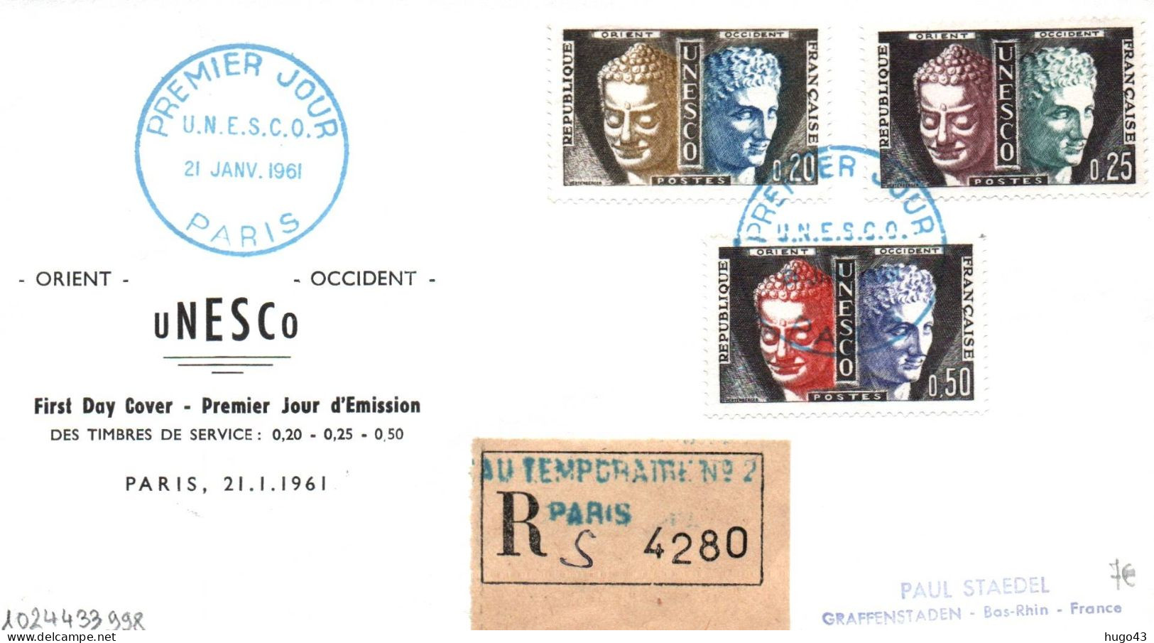 (RECTO / VERSO) ENVELOPPE 1er JOUR - UNESCO EN 1961 - TIMBRES DE SERVICE A PARIS - RECOMMANDEE BUREAU TEMPORAIRE 2 - Storia Postale