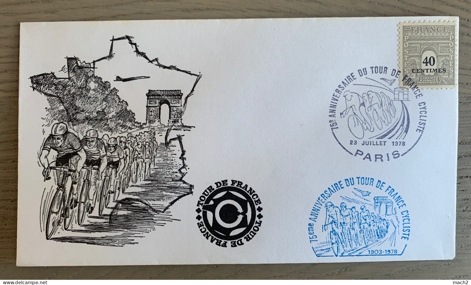 75ème Anniversaire Tour De France, Cachet Illustré, Paris 23/7/1978, Concorde (c) Timbre Champs Elysées - Ciclismo