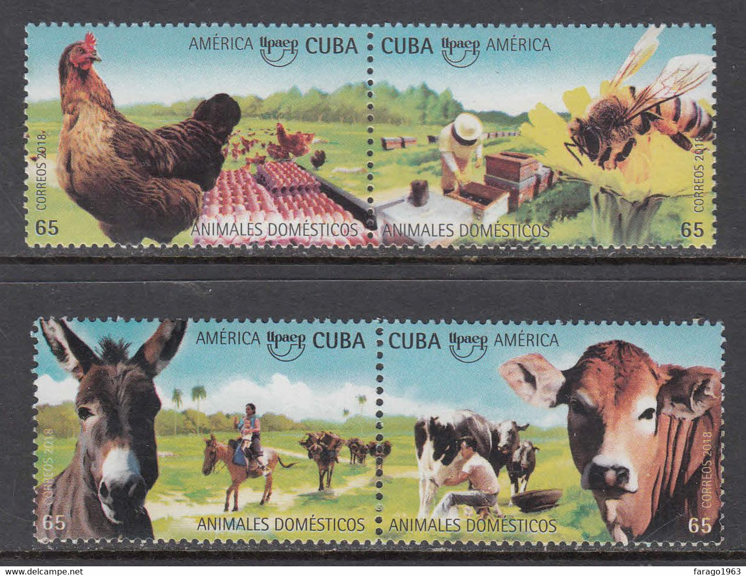 2018 Cuba Upaep Domestic Animals Donkeys Bees Poultry  Complete Set Of 2 Pairs MNH - Neufs