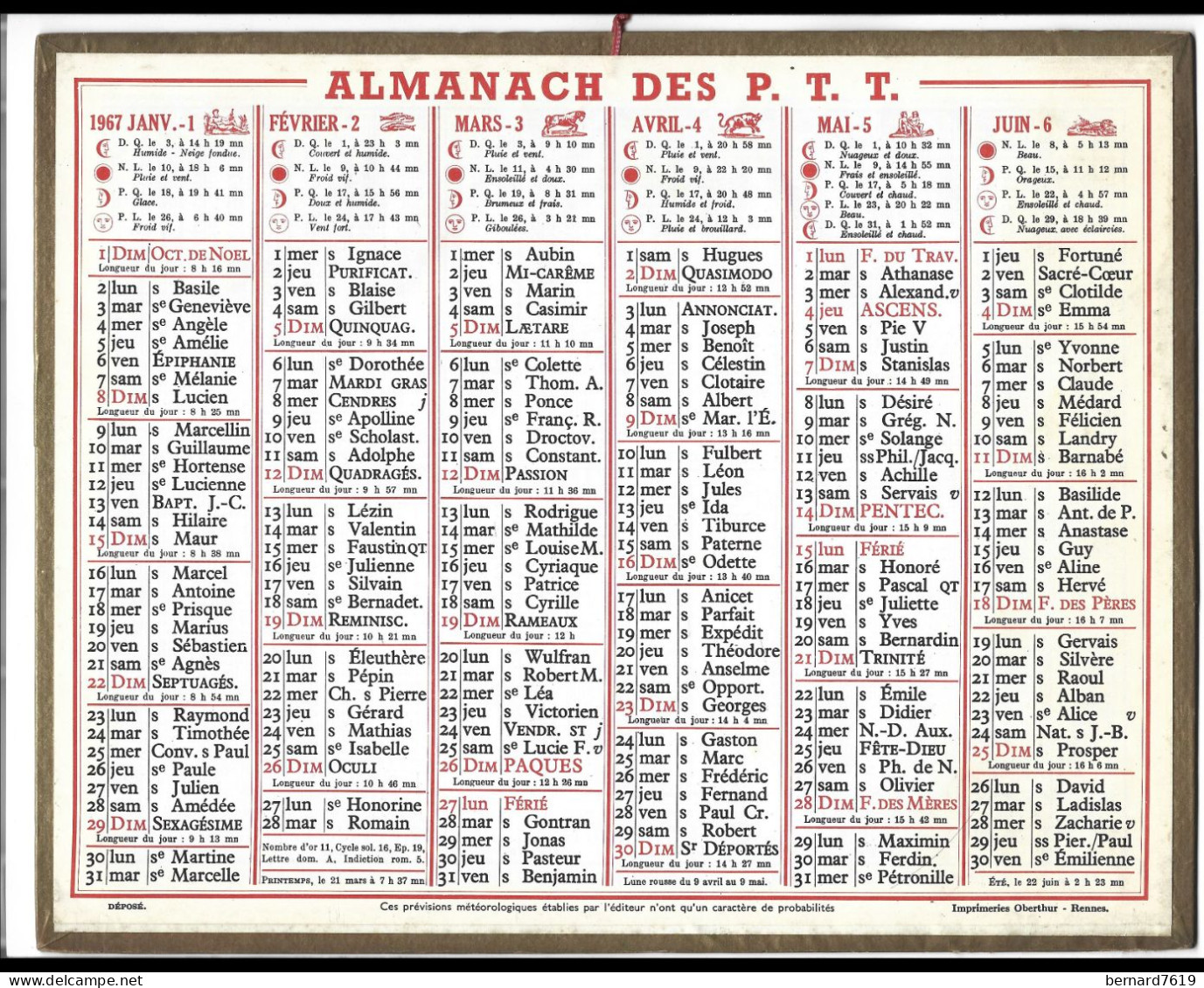 Almanach  Calendrier  P.T.T  -  La Poste -  1967 - Big : 1961-70