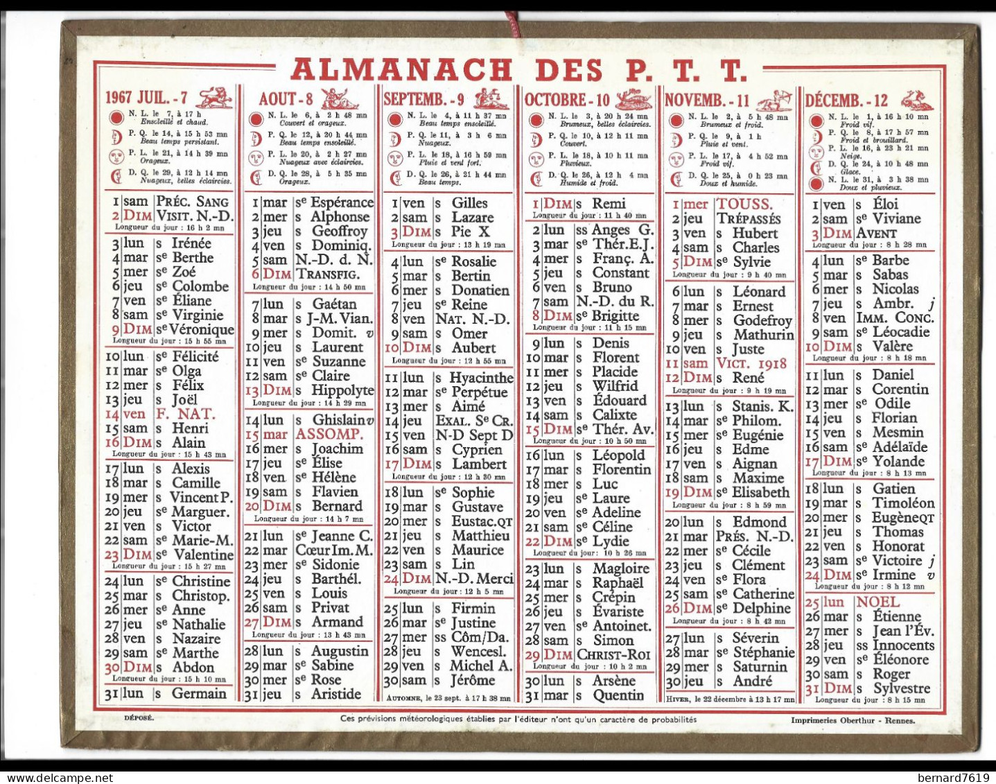 Almanach  Calendrier  P.T.T  -  La Poste -  1967 - Grand Format : 1961-70