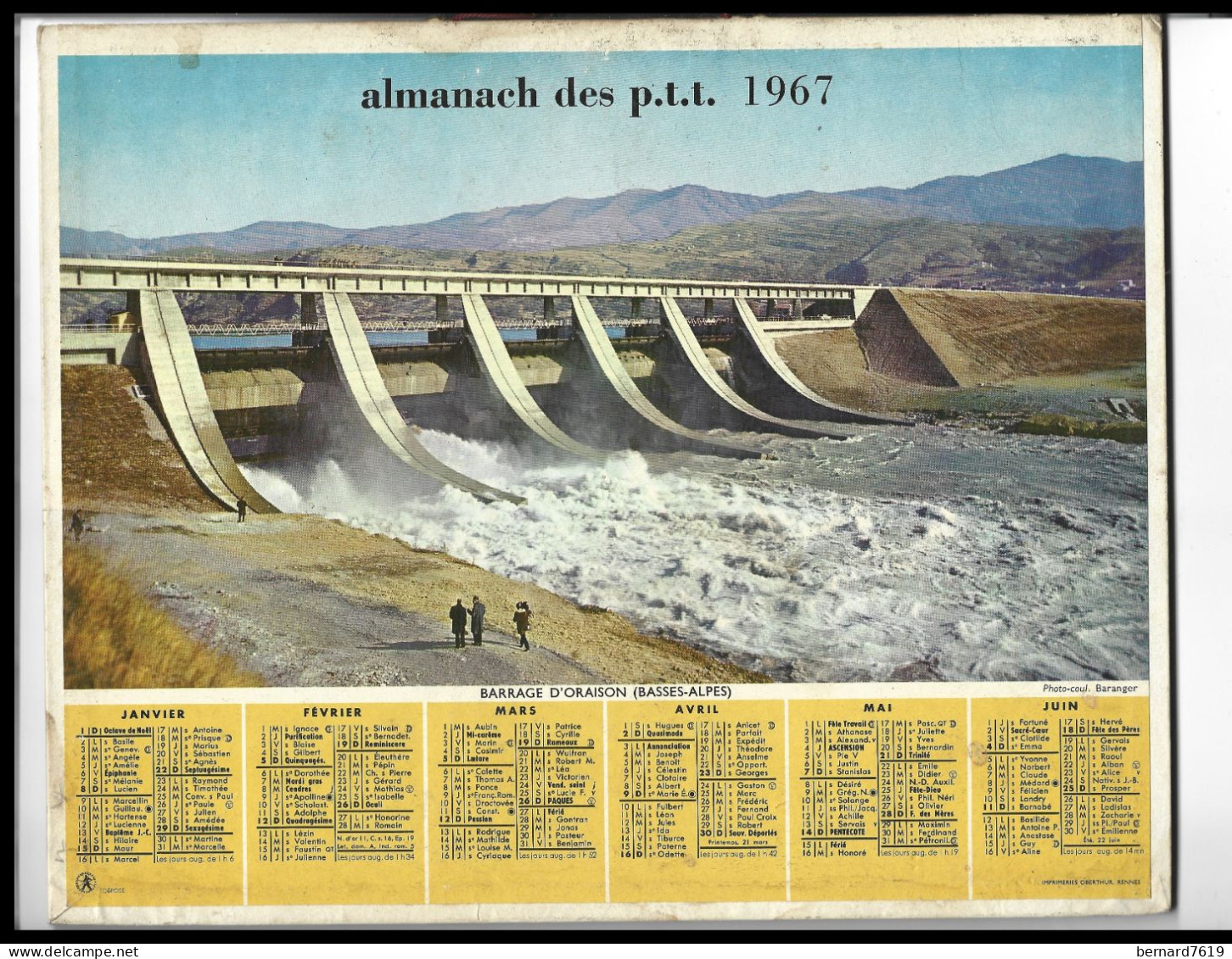 Almanach  Calendrier  P.T.T  -  La Poste -  1967 - Barrage  D'oraison - Estaing - Grand Format : 1961-70