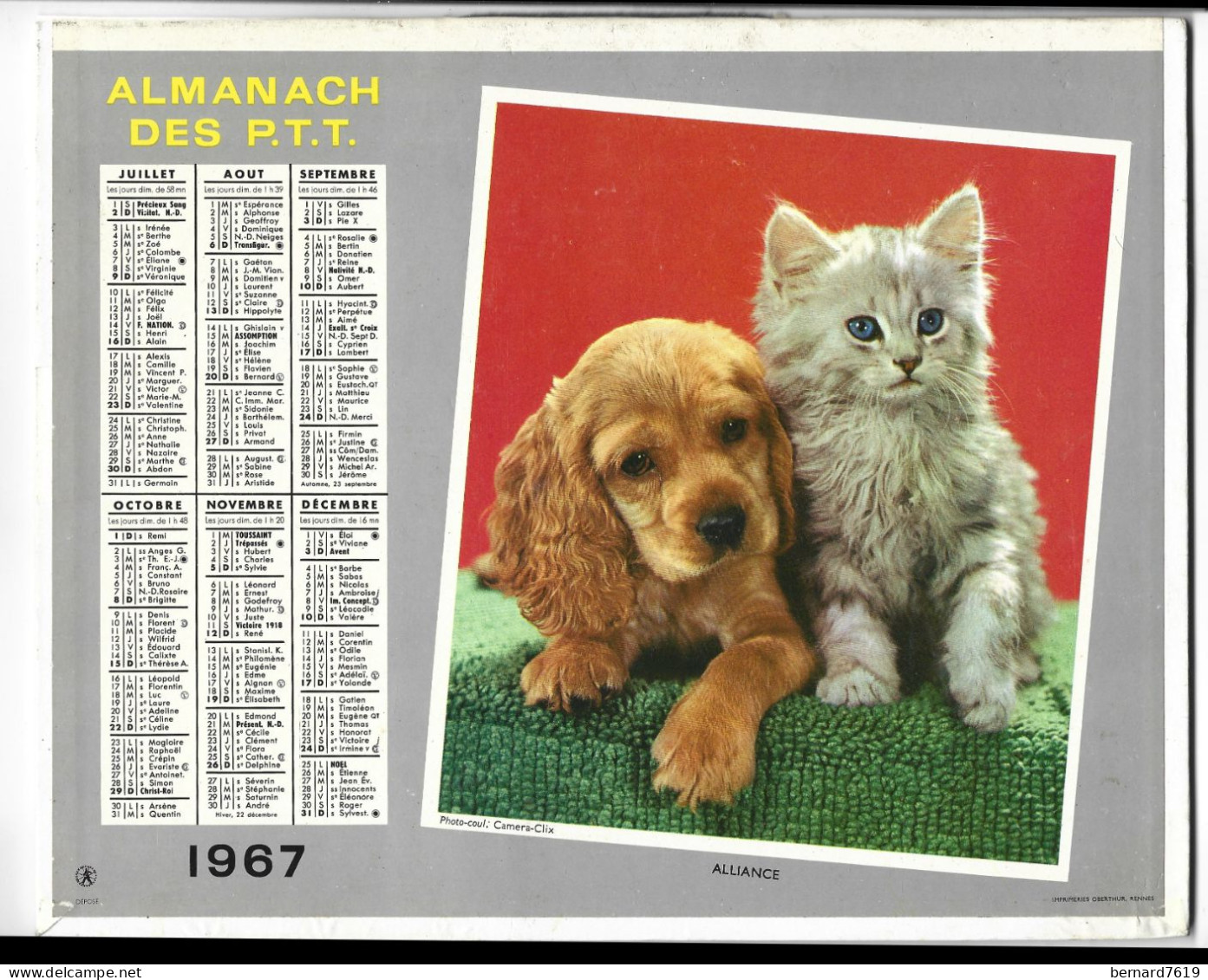 Almanach  Calendrier  P.T.T  -  La Poste -  1967 -  Chat - Chien - Alliance Education - Grand Format : 1961-70