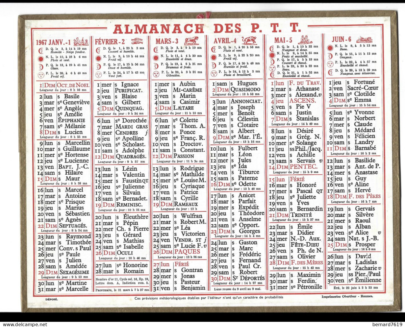 Almanach  Calendrier  P.T.T  -  La Poste -  1967 - - Tamaño Grande : 1961-70