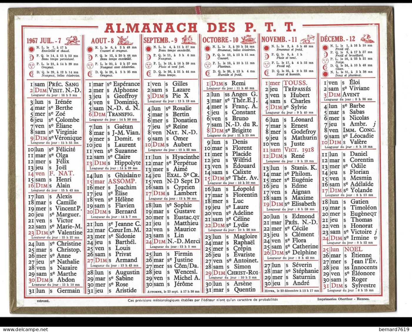Almanach  Calendrier  P.T.T  -  La Poste -  1967 - - Grand Format : 1961-70