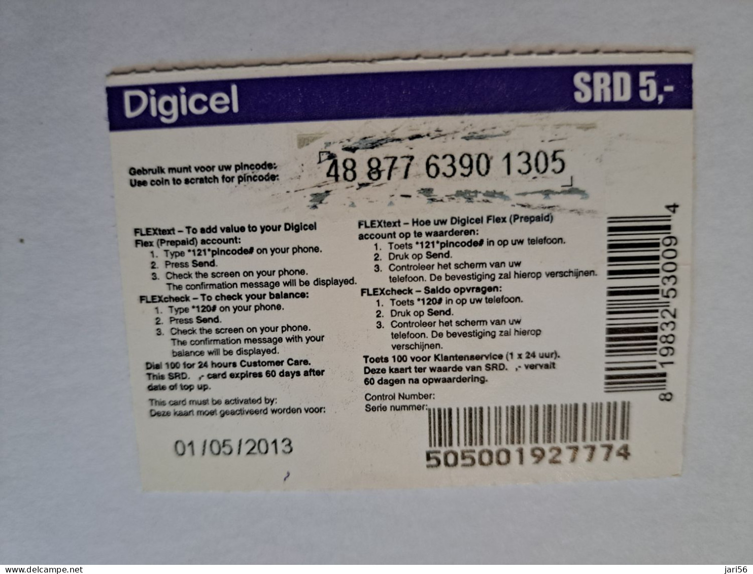 SURINAME US 5-  / DIGICEL /  UNITS GSM  PREPAID/  / MAN WITH PHONE        /    MOBILE CARD    **16300 ** - Suriname