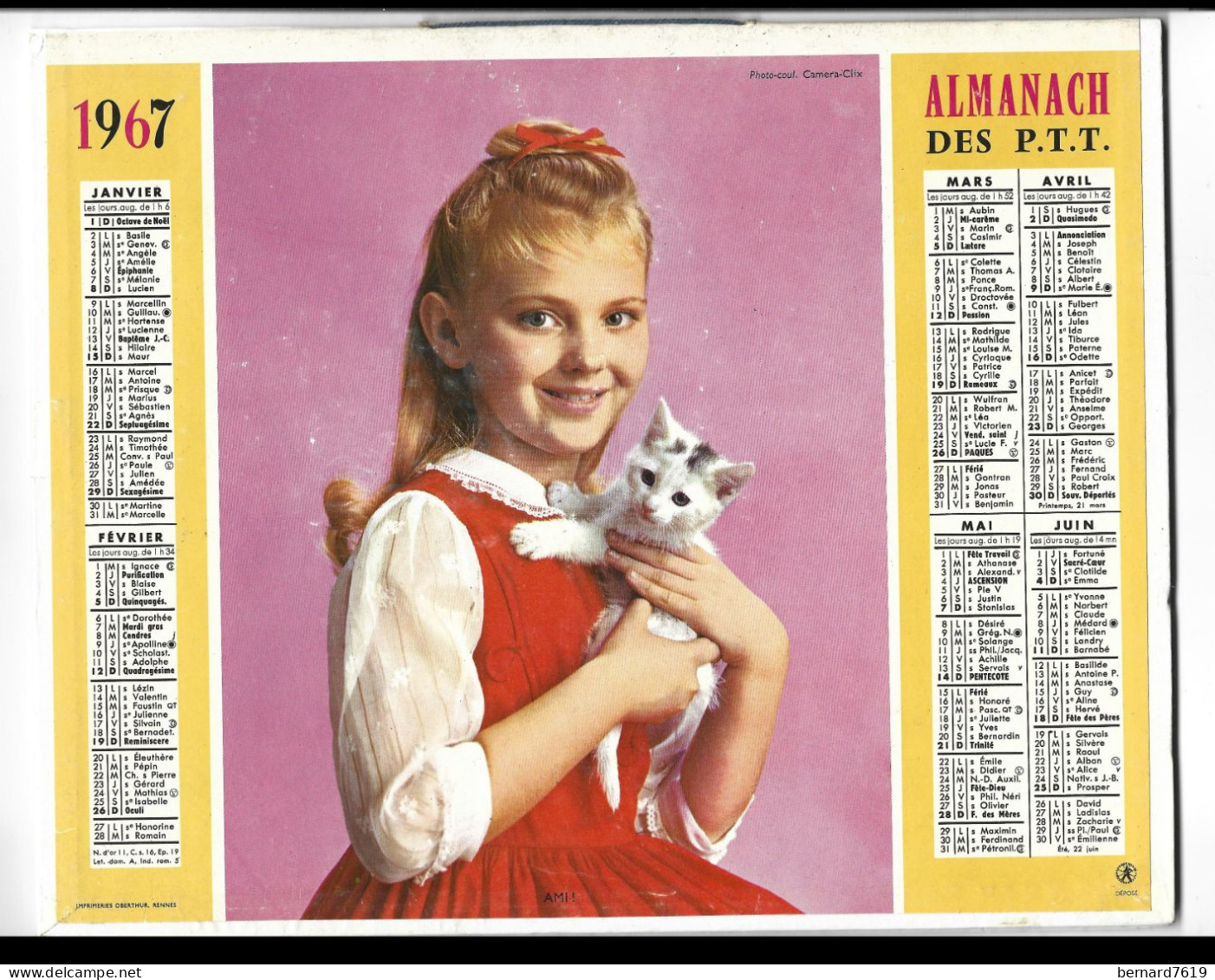 Almanach  Calendrier  P.T.T  -  La Poste -  1967 - Ami - Chat - Chien - Formato Grande : 1961-70