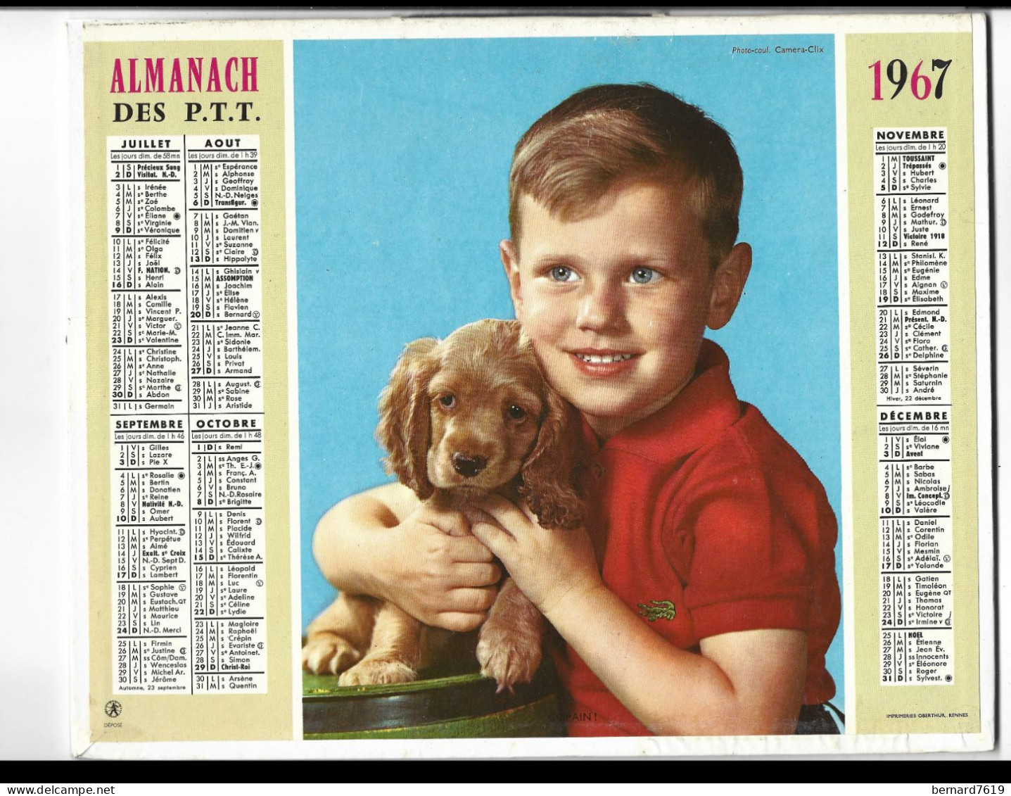 Almanach  Calendrier  P.T.T  -  La Poste -  1967 - Ami - Chat - Chien - Big : 1961-70