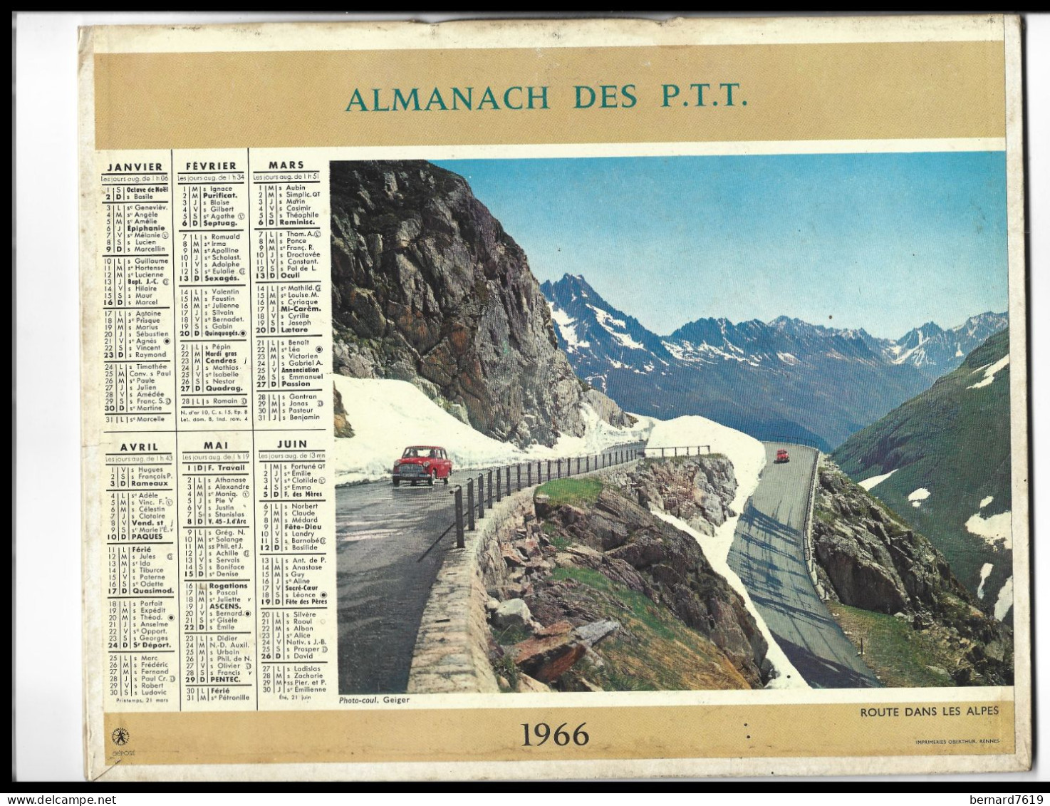 Almanach  Calendrier  P.T.T  -  La Poste -  1966 - Route Dans Les Alpes - Bormes Les Mimosas - Big : 1961-70