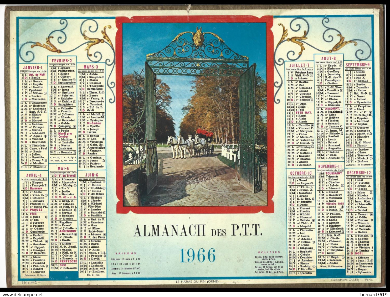 Almanach  Calendrier  P.T.T  -  La Poste -  1966 - Le Haras Du Pin - Groot Formaat: 1961-70