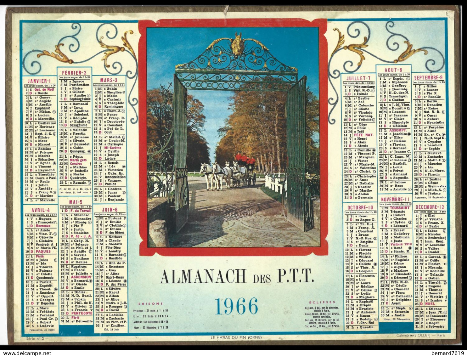 Almanach  Calendrier  P.T.T  -  La Poste -  1966 - Le Haras Du Pin - Grand Format : 1961-70