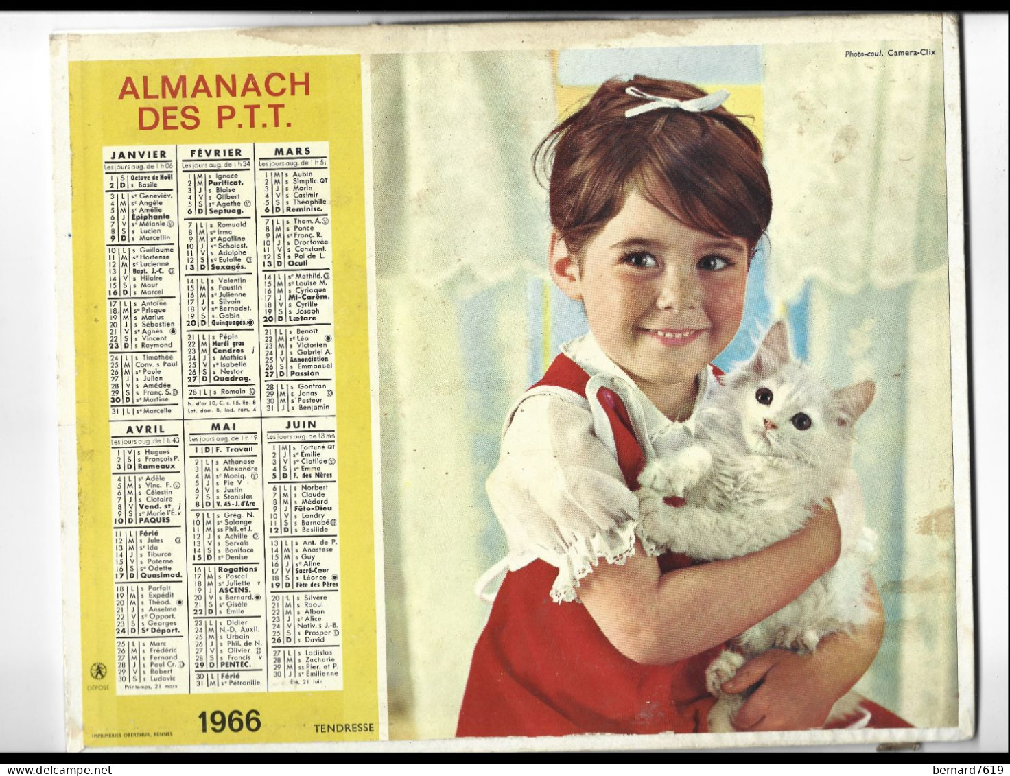Almanach  Calendrier  P.T.T  -  La Poste -  1966 -  Tendresse - Chat - Chien - Big : 1961-70