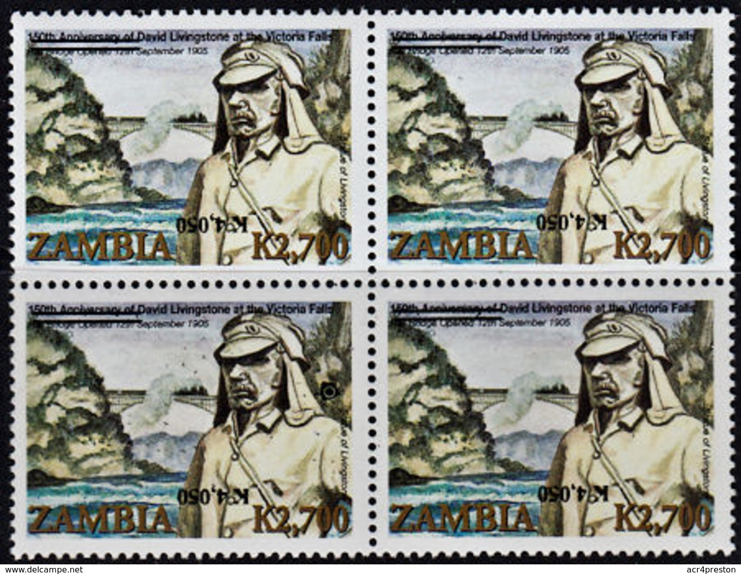 E0132 ZAMBIA 2009, SG 1061, K4,050 INVERTED Surcharge On K2,700 Livingstone MNH Block Of 4 - Zambie (1965-...)