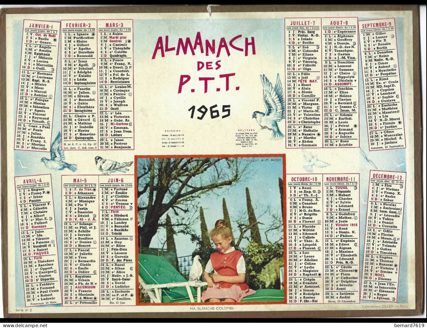 Almanach  Calendrier  P.T.T  -  La Poste -  1965 -   Ma Blanche Colombe - Big : 1961-70