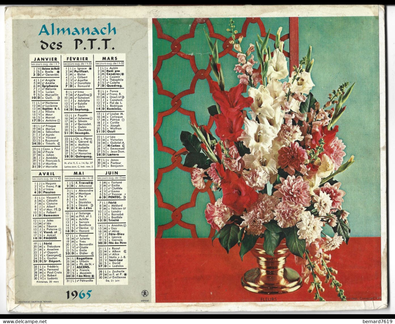 Almanach  Calendrier  P.T.T  -  La Poste -  1965 -   Fleurs - Corbeille De Fruits - Formato Grande : 1961-70