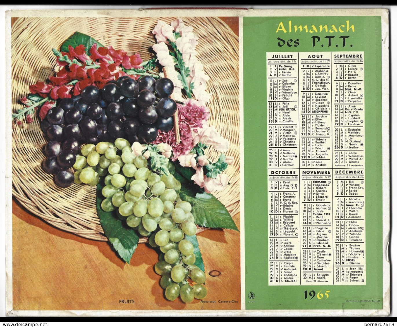 Almanach  Calendrier  P.T.T  -  La Poste -  1965 -   Fleurs - Corbeille De Fruits - Grand Format : 1961-70