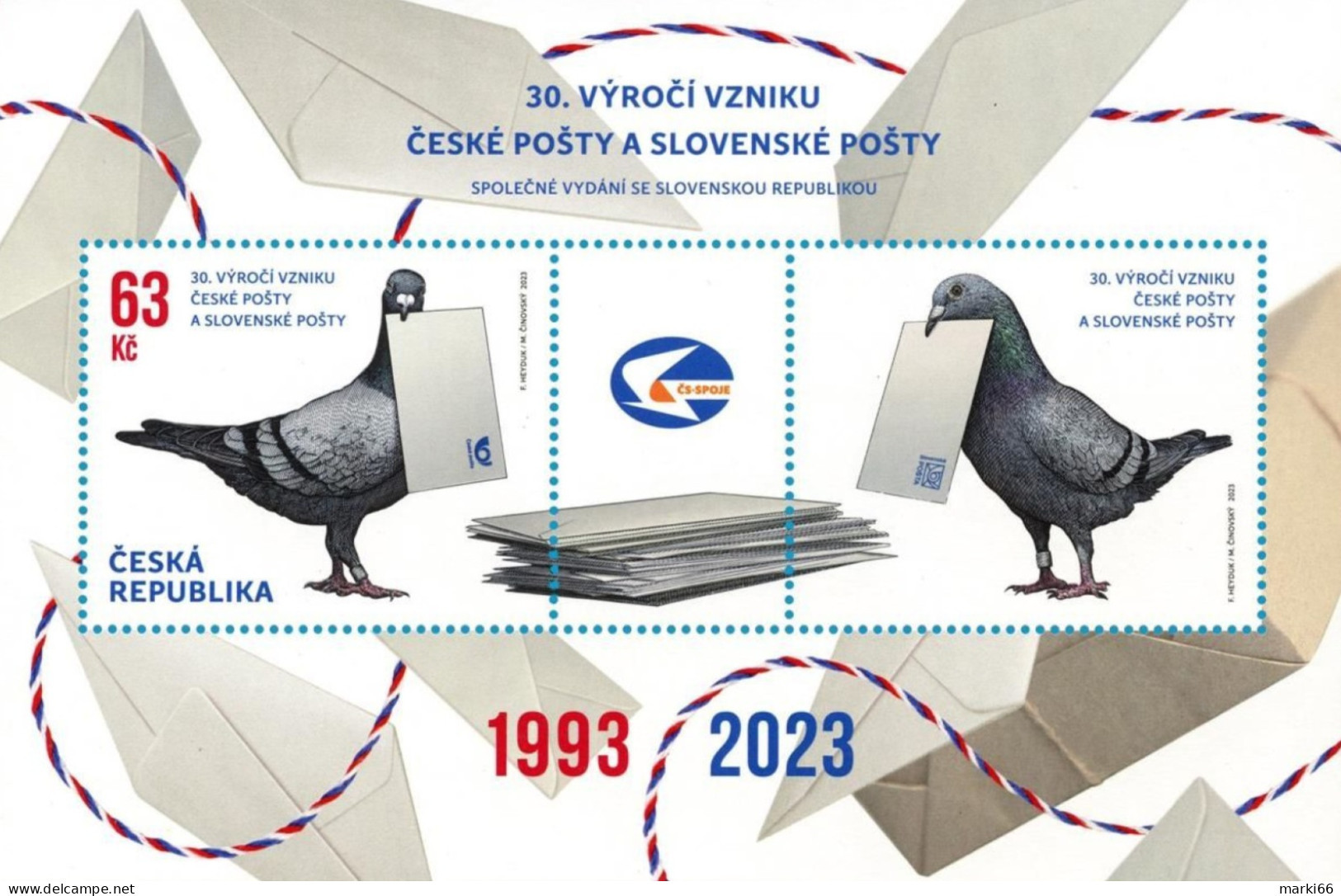 Czech Republic - 2023 - 30 Years Of Czech Post And Slovak Post - Joint Issue With Slovakia - Mint Souvenir Sheet - Unused Stamps
