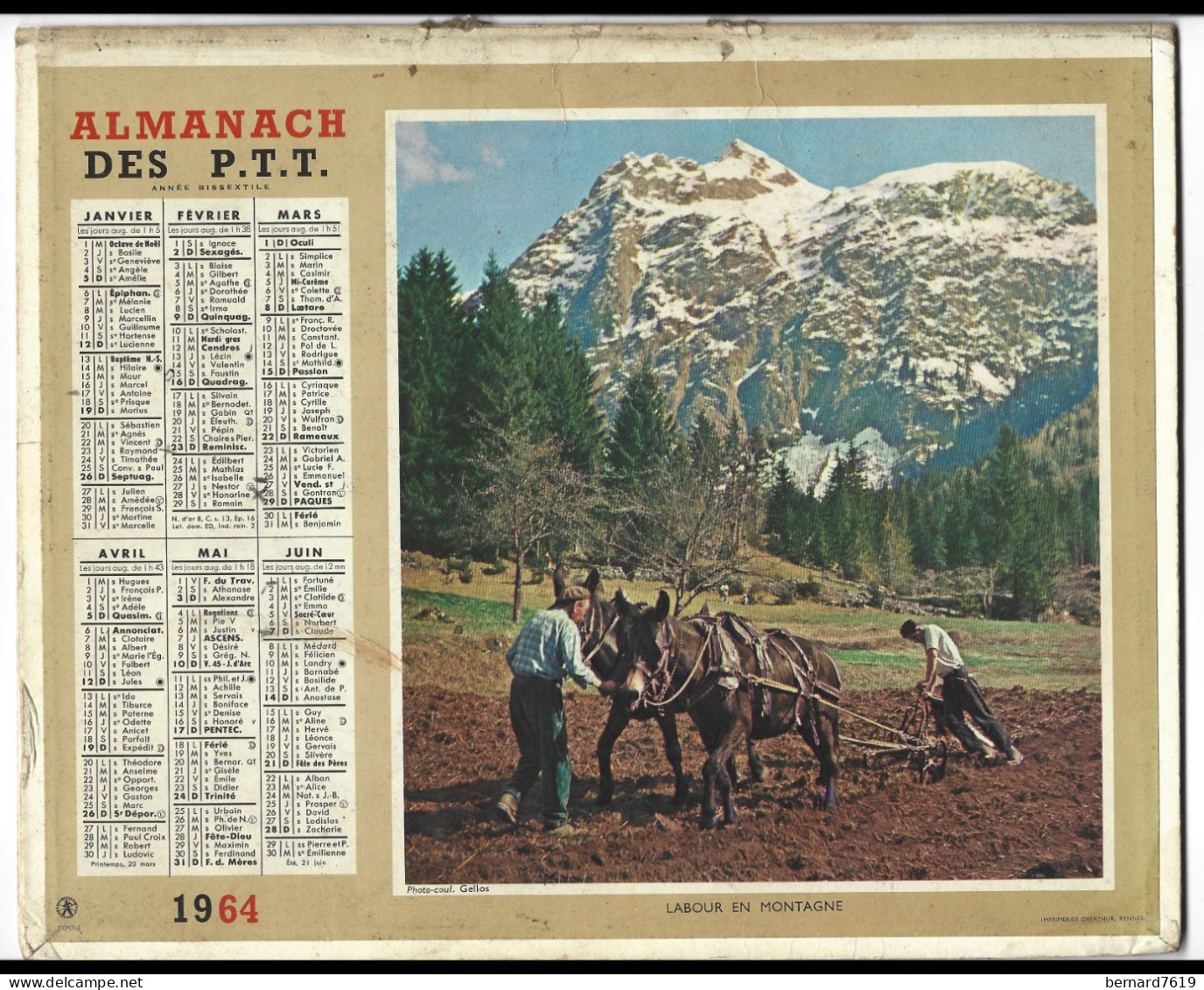 Almanach  Calendrier  P.T.T  -  La Poste -  1964 -  Labour En Montagne -printemps En Savoie - Tamaño Grande : 1961-70