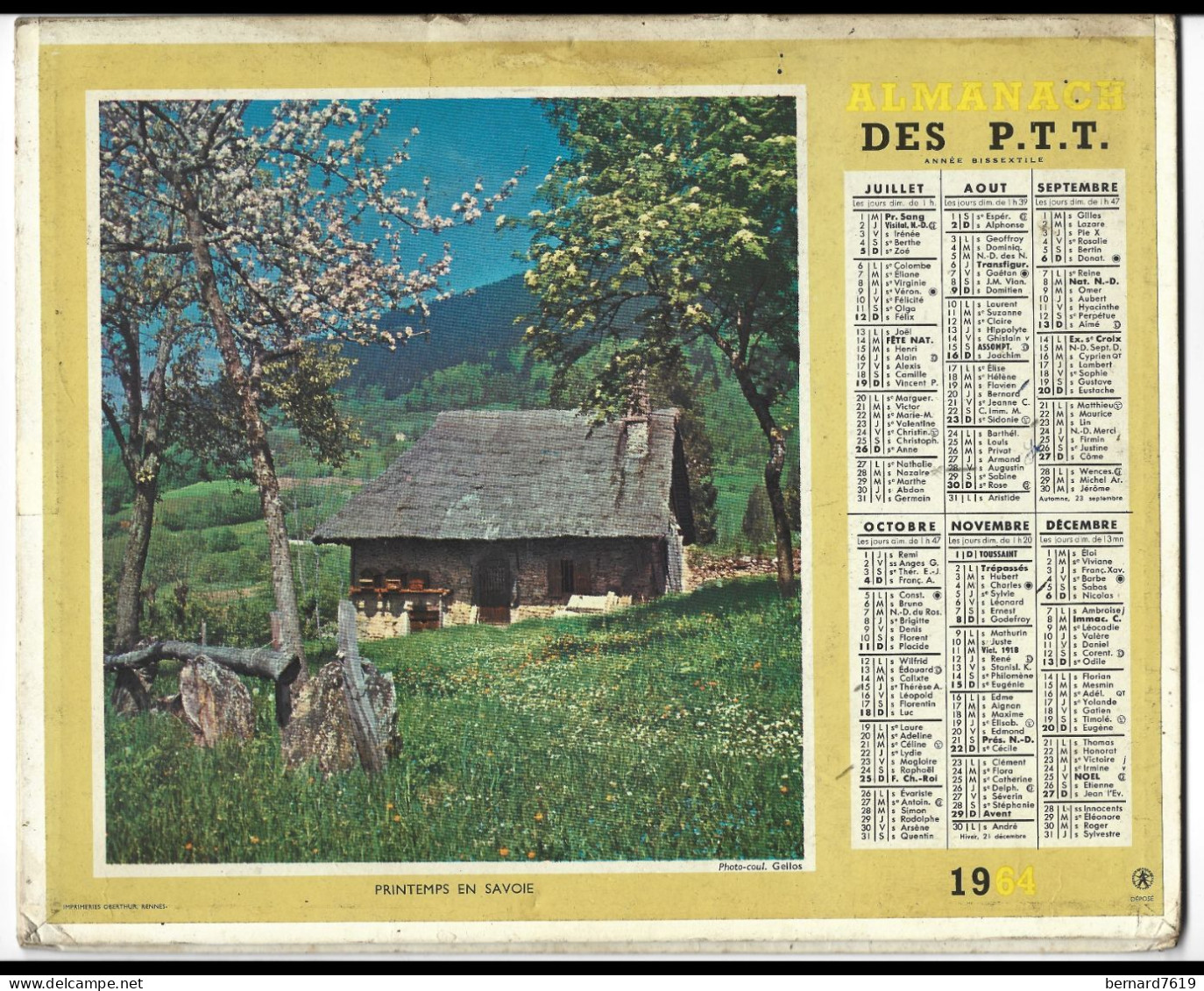 Almanach  Calendrier  P.T.T  -  La Poste -  1964 -  Labour En Montagne -printemps En Savoie - Big : 1961-70