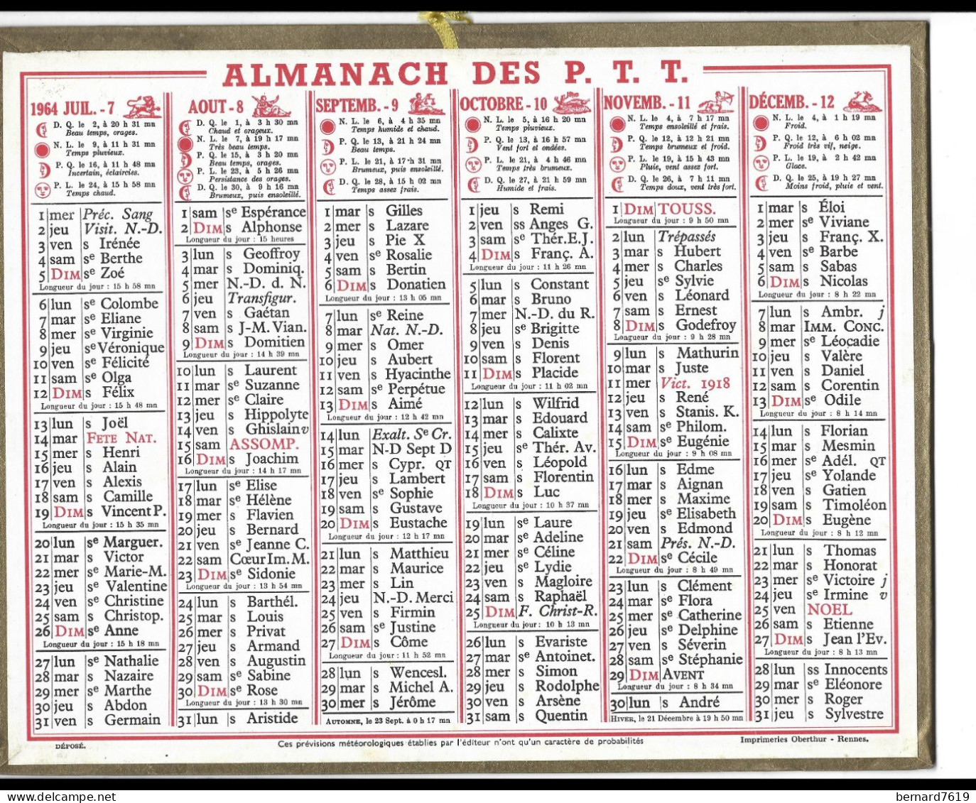 Almanach  Calendrier  P.T.T  -  La Poste -  1964 - - Grand Format : 1961-70