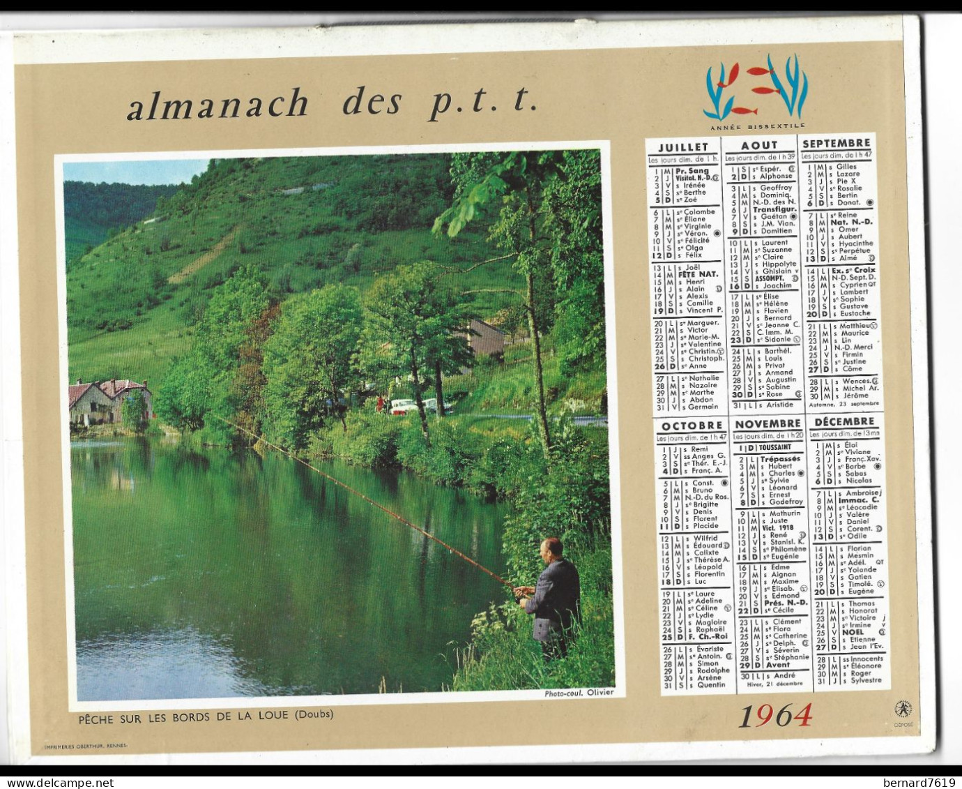 Almanach  Calendrier  P.T.T  -  La Poste -  1964 - Chasse - Arret - Peche Sur Les Bords De La Loue Doubs - Big : 1961-70