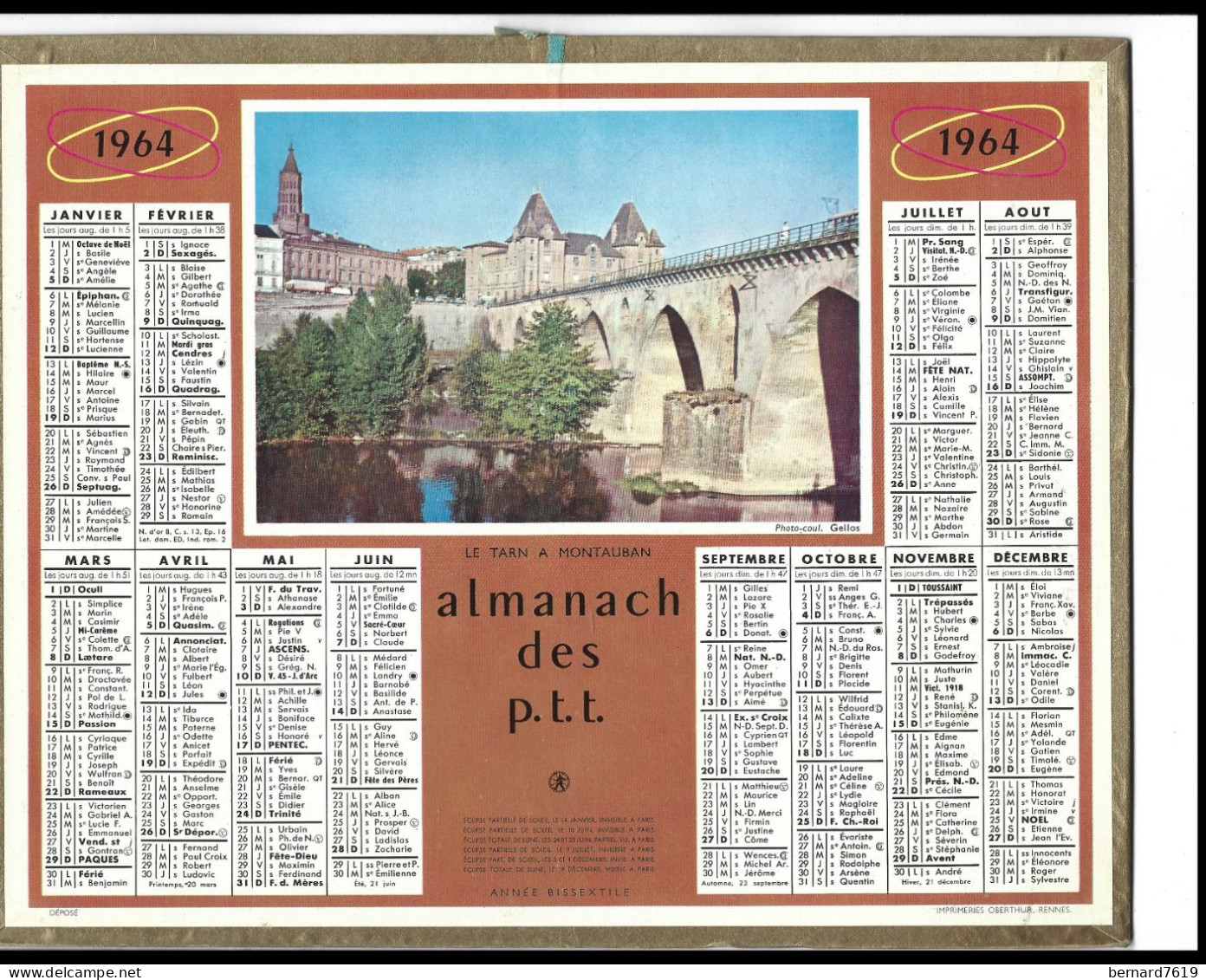 Almanach  Calendrier  P.T.T  -  La Poste -  1964 - Le Tarn A Montauban - Groot Formaat: 1961-70