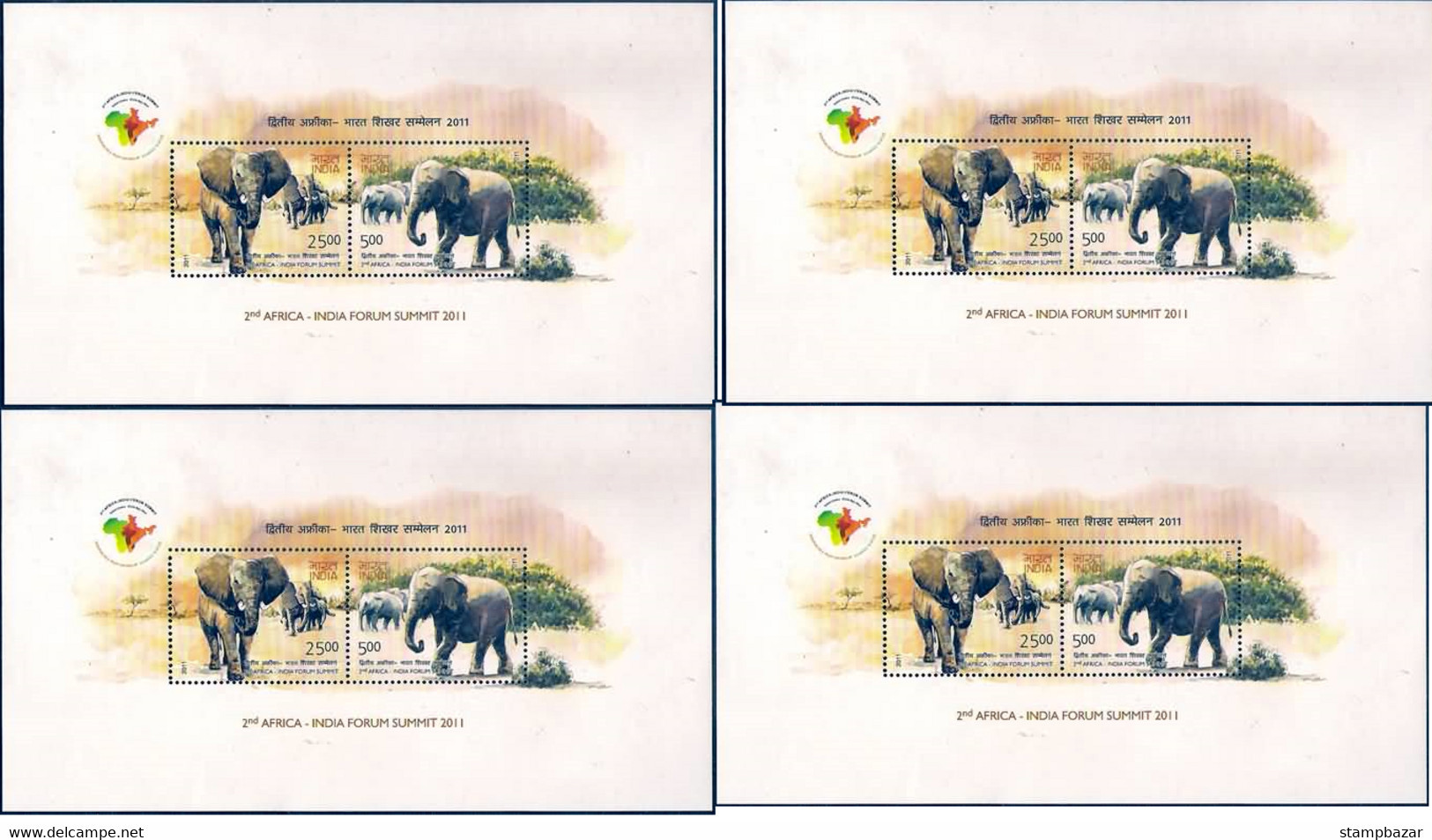 India Inde Indien  2011 Africa 2nd Summit Elephant Fauna Animals Map Miniature Souvenir Sheet MNH KB Lot Of 4 - Eléphants